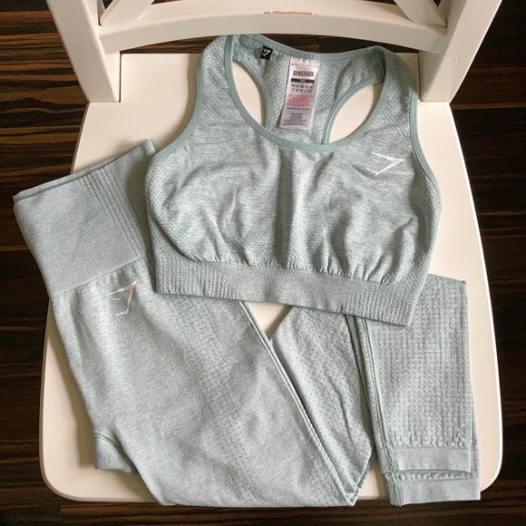 EUC Gymshark Vital Seamless Leggings Bra Set Size XS Light Green Marl Matching - Picture 1 of 16